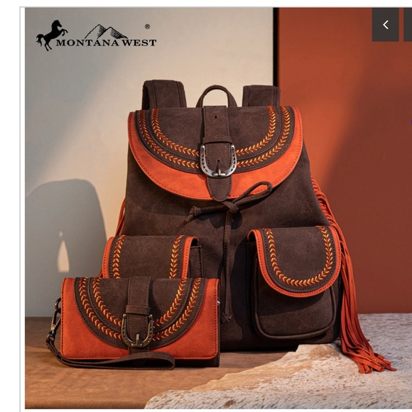 Montana West Handbags - Montana West Dark Brown and Orange Backpack Set